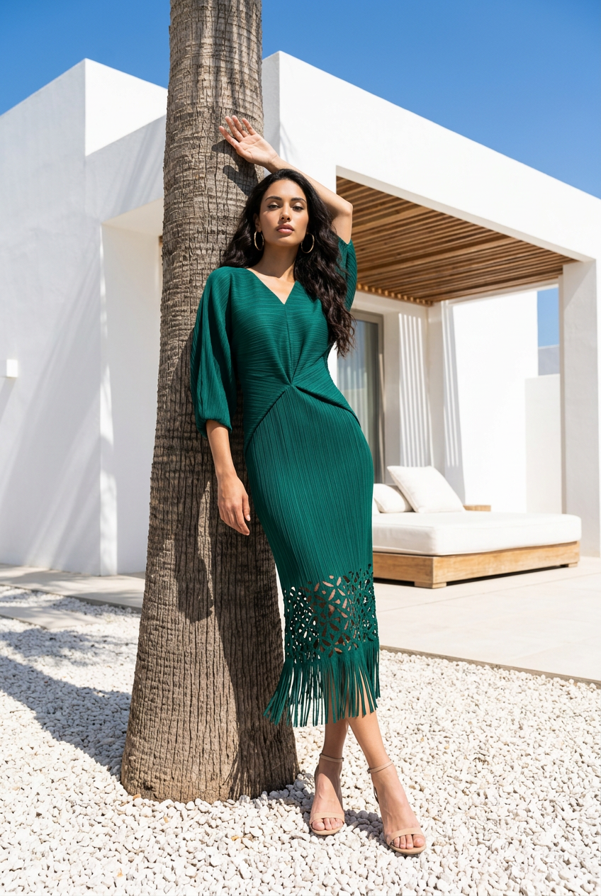 [Ellyndale - Ellyndale Pleated Cutout Dress with Fringe - Dark Green: Dark Green / O/S], [Dresses], [Ellyndale], [Plum Bottom].