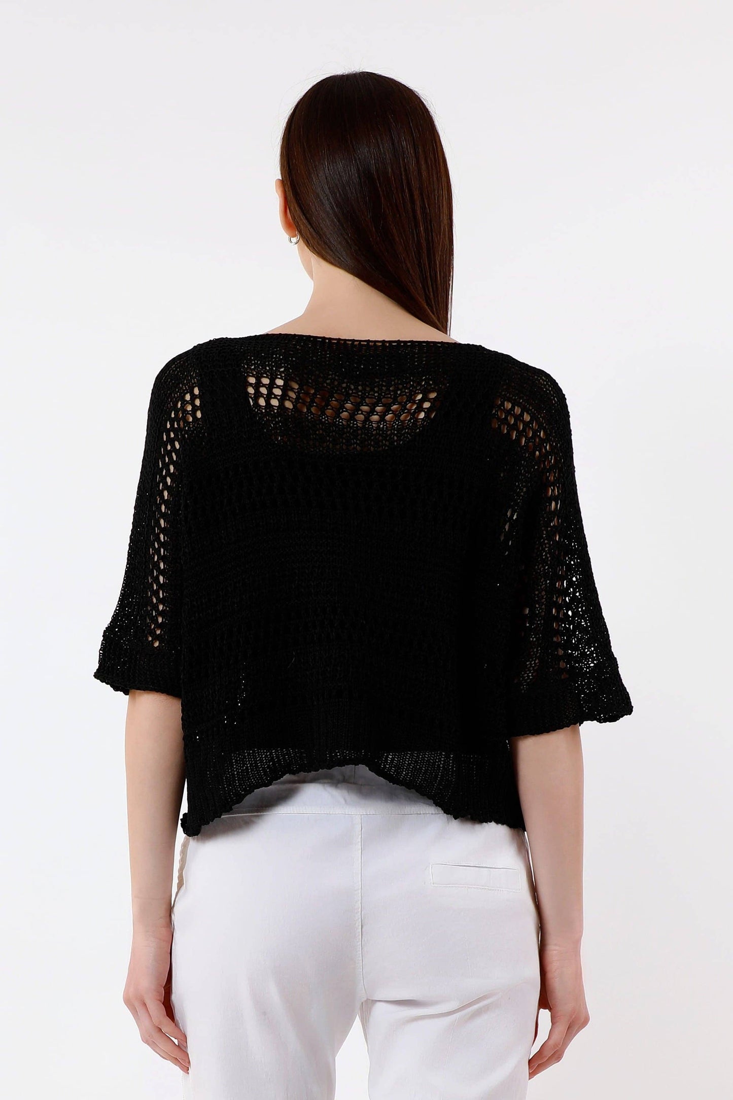 [TINA Stephens Italy/Tees By Tina - Divya Short Sleeve Cropped Open Knit Topper (BQ916): 409 Navy / One Size], [Tops], [TINA Stephens Italy/Tees By Tina], [Plum Bottom].