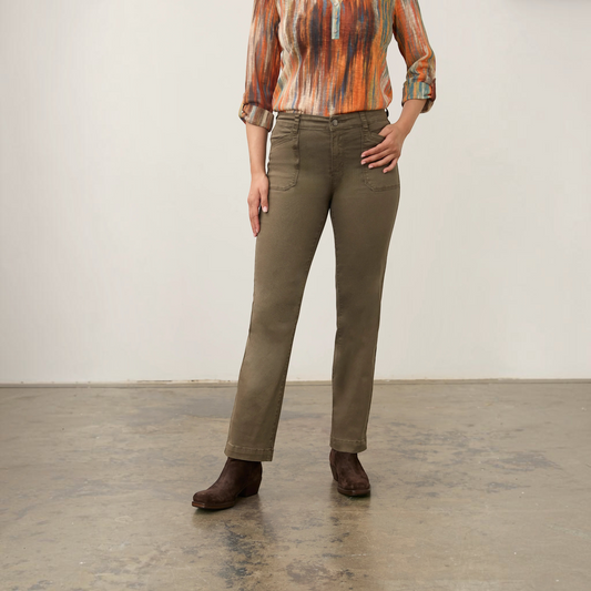 Plum Bottom FDJ Christina straight leg jeans in olive green cotton-blend stretch fabric with front patch pockets.