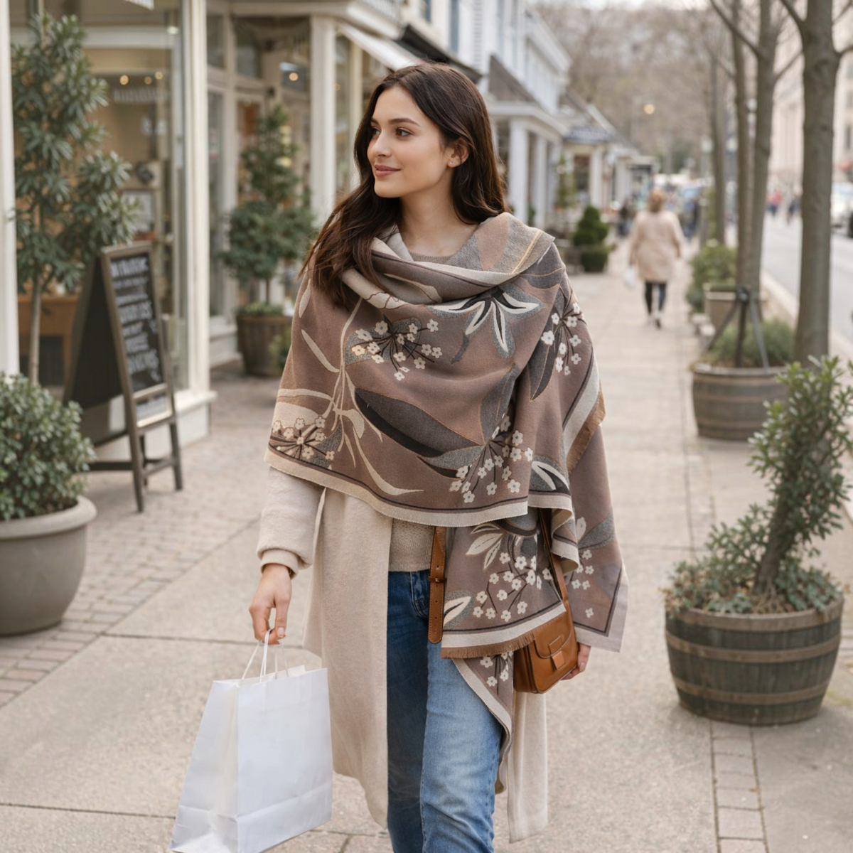 [Winding River - Gray / Black Garden Reversible Wrap – Artisan Shawl], [Scarf], [Winding River], [Plum Bottom].
