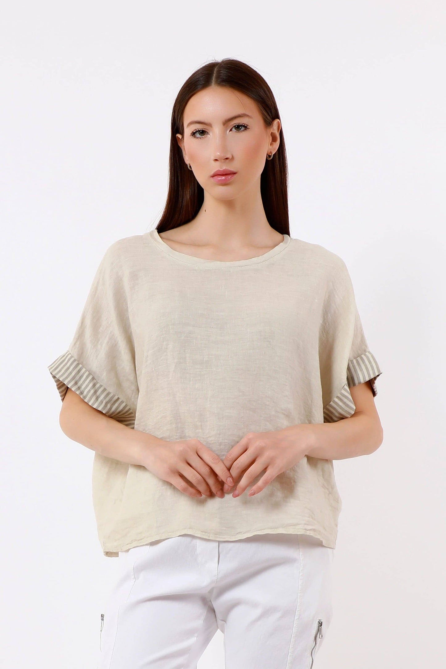 [TINA Stephens Italy/Tees By Tina - Brie Stripe Trim Short Sleeve Linen Top (BSS936PR): 286 Cashmere / One Size], [Tops], [TINA Stephens Italy/Tees By Tina], [Plum Bottom].