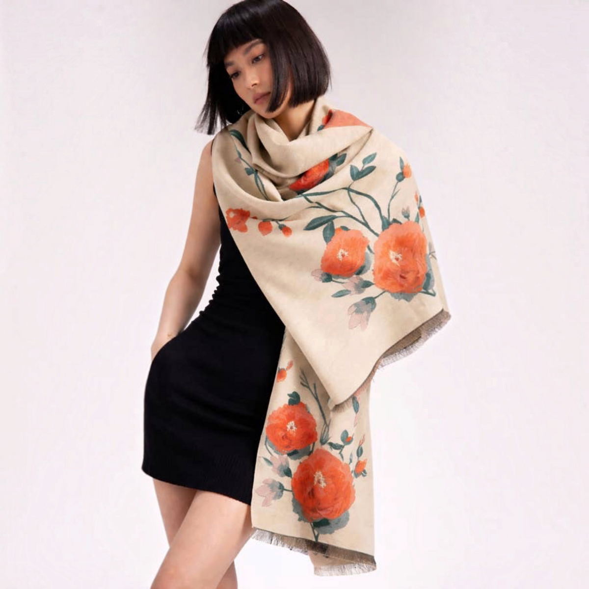 [Winding River - Orange / Green Blossom Reversible Wrap], [Scarf], [Winding River], [Plum Bottom].