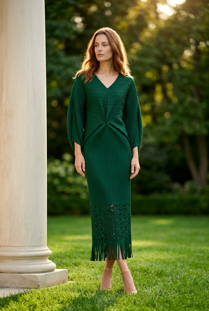 [Ellyndale - Ellyndale Pleated Cutout Dress with Fringe - Dark Green: Dark Green / O/S], [Dresses], [Ellyndale], [Plum Bottom].
