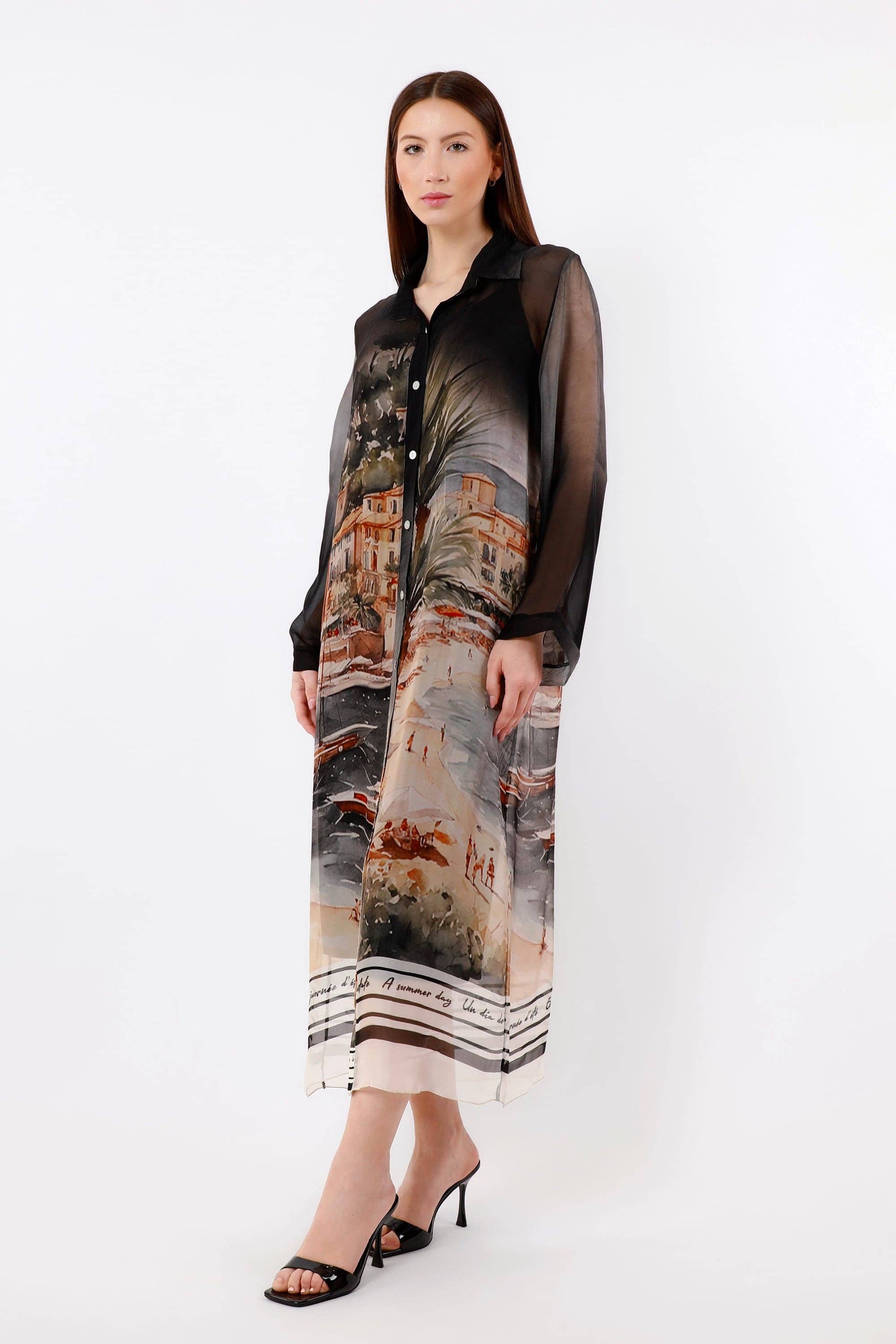 [TINA Stephens Italy/Tees By Tina - Asher Positano 3/4 Sleeve Silk Button Dress (DQ211P): 001 Black / One Size], [Dresses], [TINA Stephens Italy/Tees By Tina], [Plum Bottom].