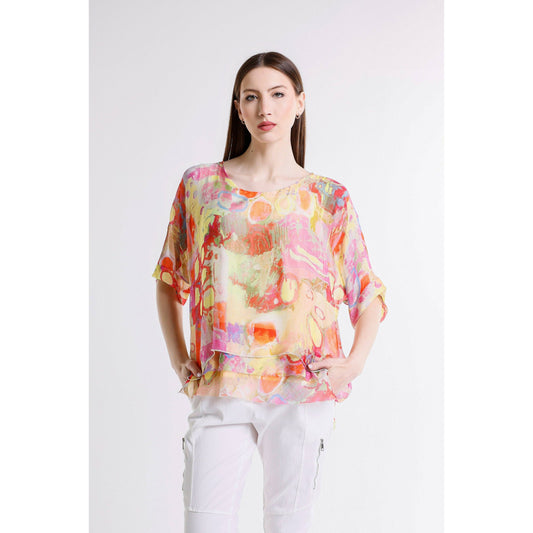[TINA Stephens Italy/Tees By Tina - Adriana Splatter 3/4 Slv Silk Double Raw Edge Top (BQ209P): 725 Daffodil / One Size], [CLOTHING], [TINA Stephens Italy/Tees By Tina], [Plum Bottom].