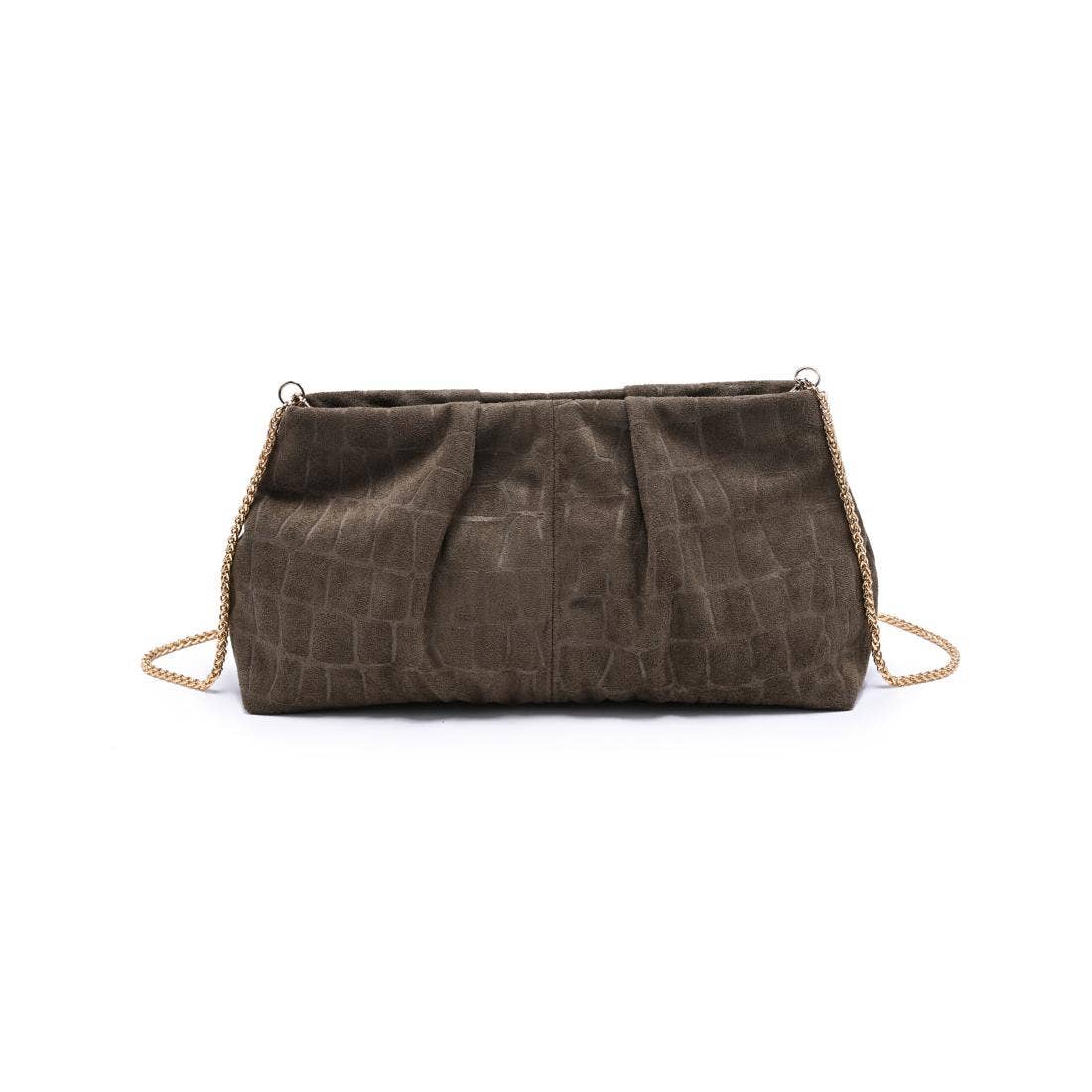 [Moda Luxe - Elva - Croc Embossed Faux Suede Clutch: Olive], [Handbags], [Moda Luxe], [Plum Bottom].