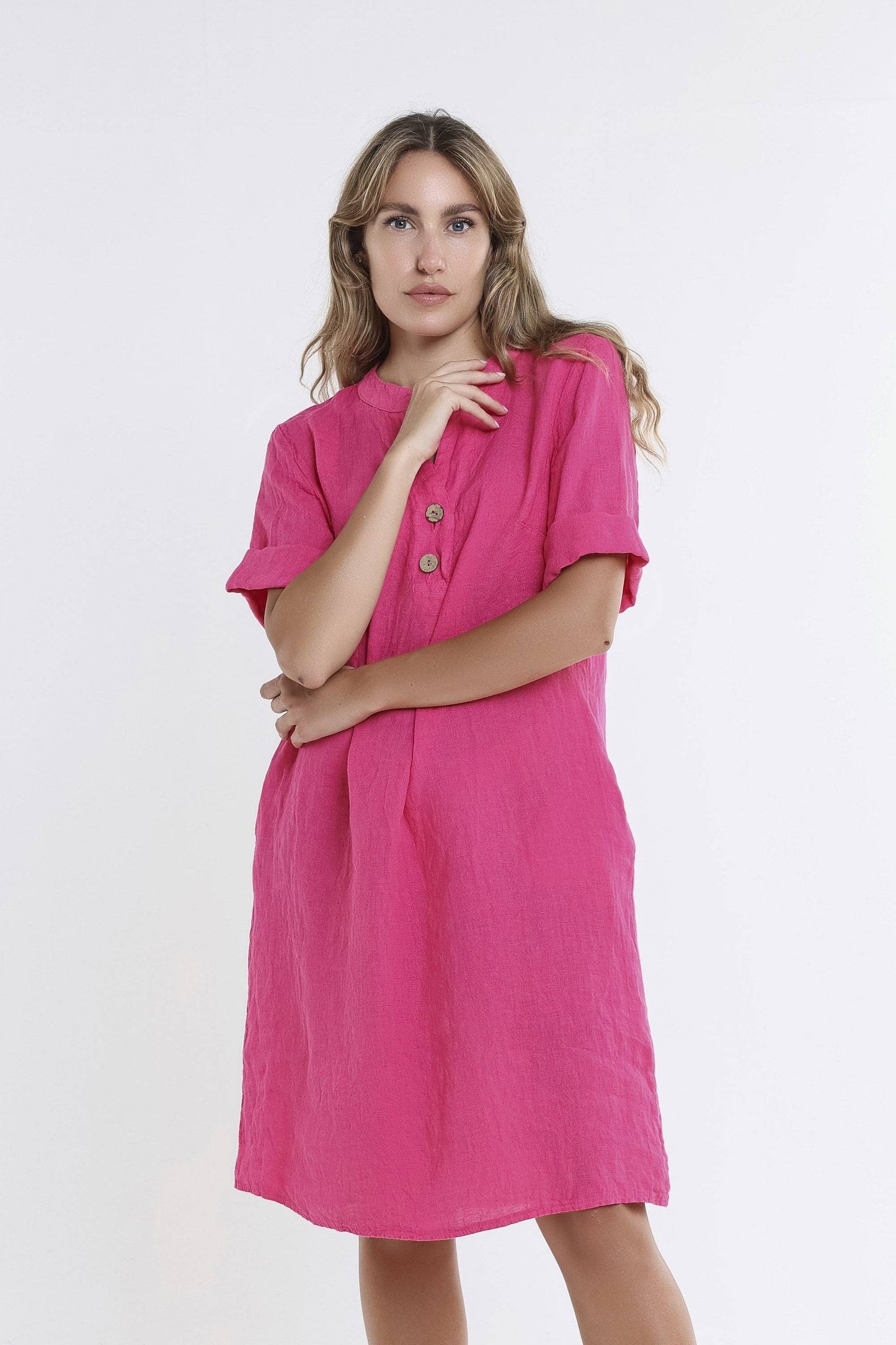 [TINA Stephens Italy/Tees By Tina - Lizzie Short Sleeve Linen Placket Dress (DSS140): 672 Fuchsia / One Size], [CLOTHING], [TINA Stephens Italy/Tees By Tina], [Plum Bottom].