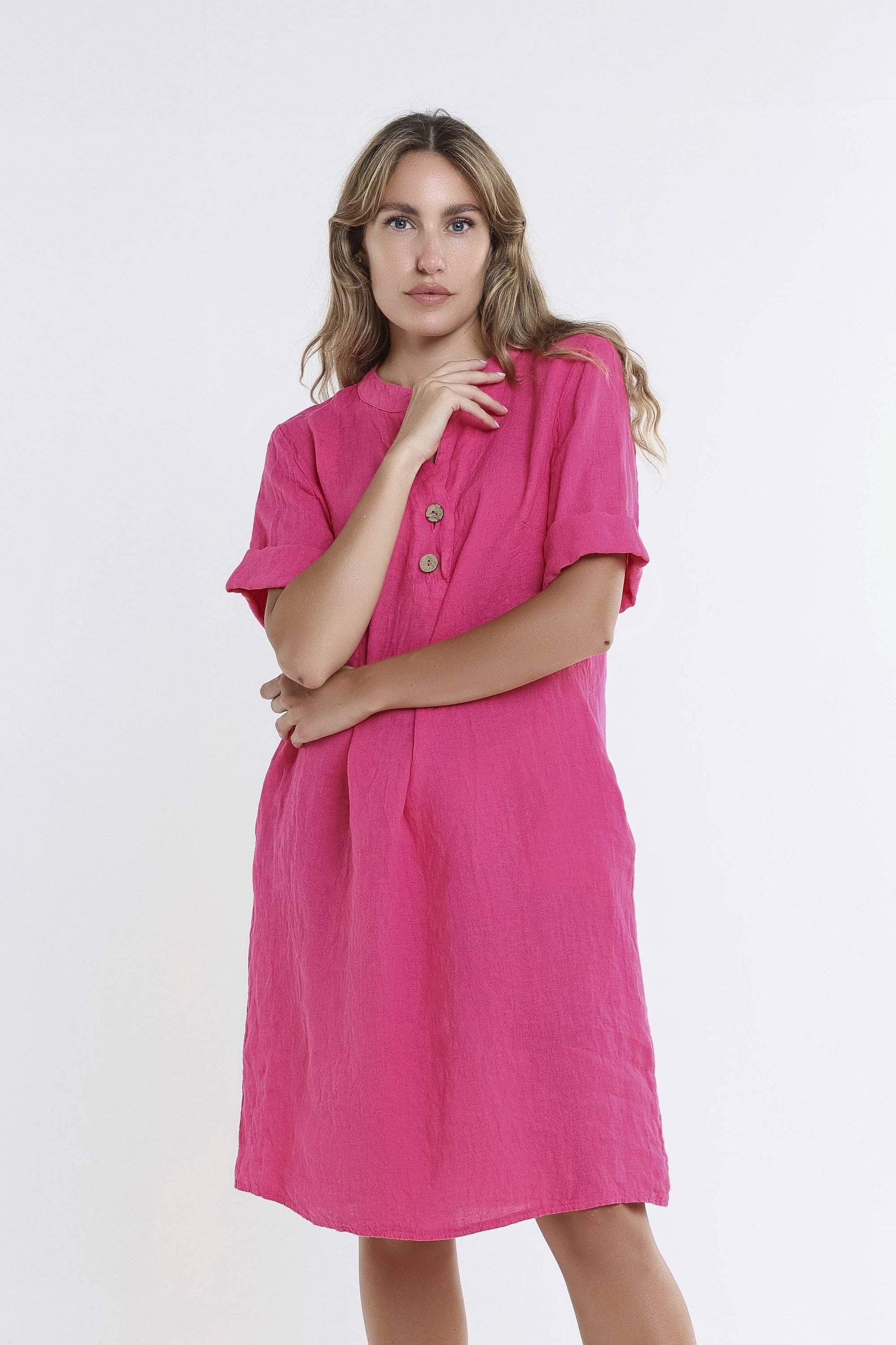 [TINA Stephens Italy/Tees By Tina - Lizzie Short Sleeve Linen Placket Dress (DSS140): 672 Fuchsia / One Size], [CLOTHING], [TINA Stephens Italy/Tees By Tina], [Plum Bottom].