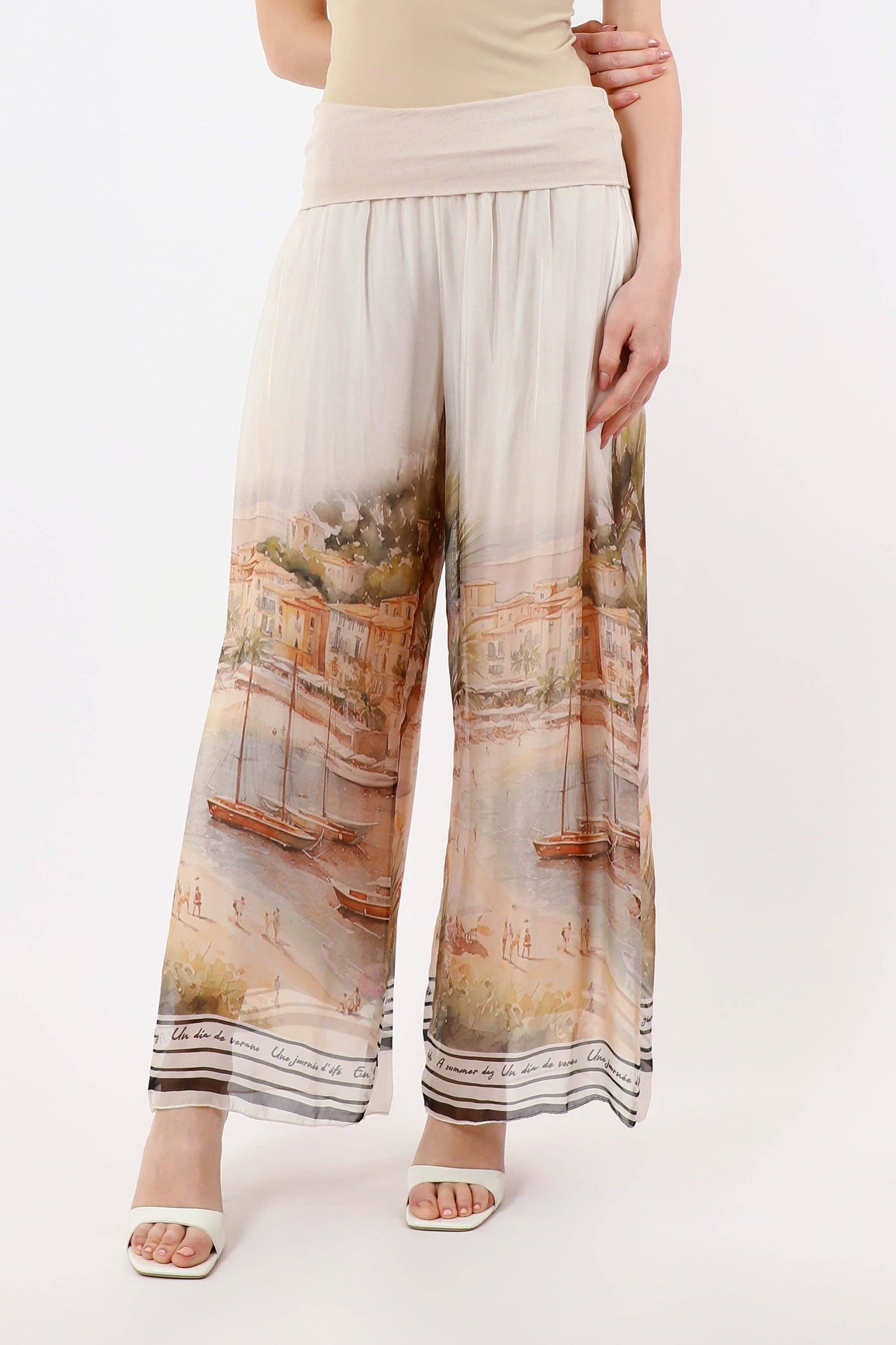 [TINA Stephens Italy/Tees By Tina - Riva Positano Wide Leg Silk Pant (PL225P): 250 Beige / One Size], [CLOTHING], [TINA Stephens Italy/Tees By Tina], [Plum Bottom].