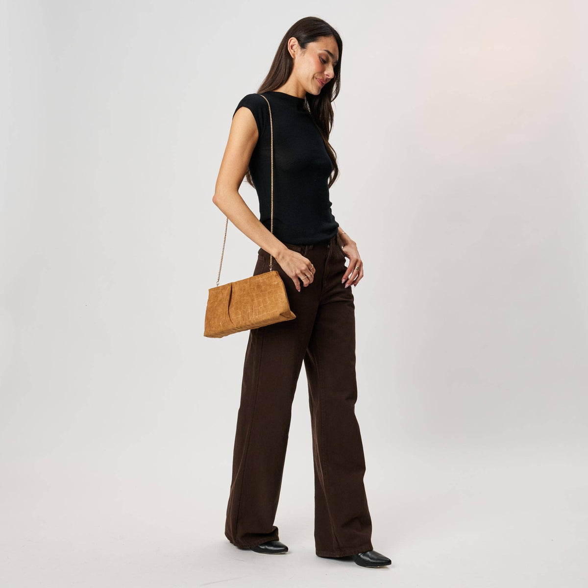 [Moda Luxe - Elva - Croc Embossed Faux Suede Clutch: Olive], [Handbags], [Moda Luxe], [Plum Bottom].