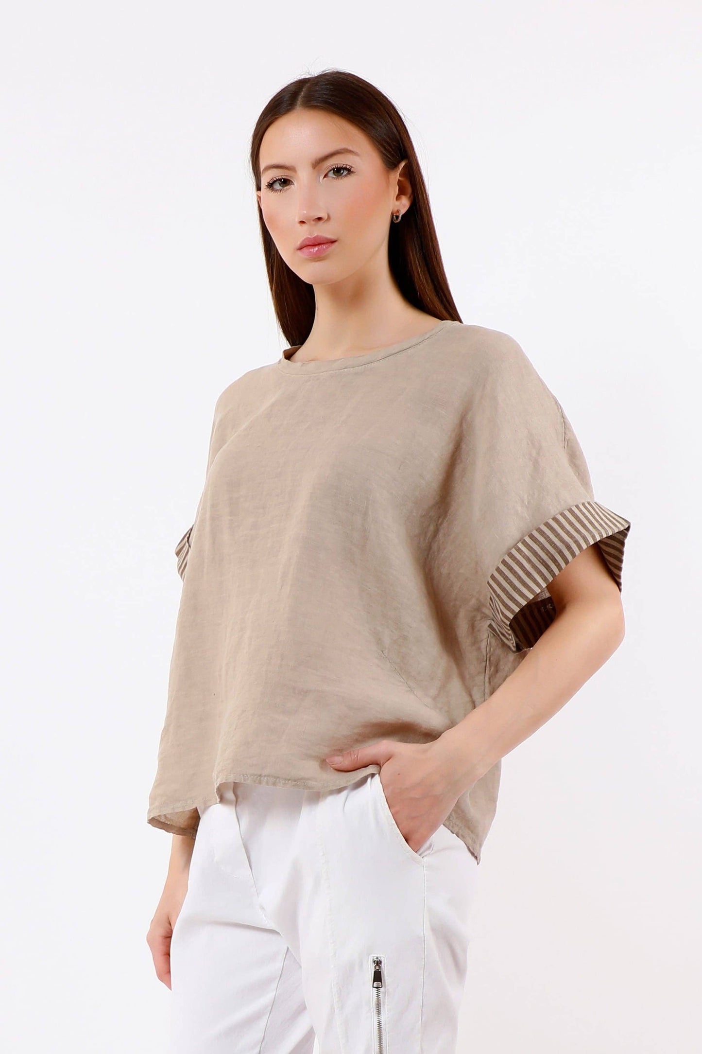 [TINA Stephens Italy/Tees By Tina - Brie Stripe Trim Short Sleeve Linen Top (BSS936PR): 286 Cashmere / One Size], [Tops], [TINA Stephens Italy/Tees By Tina], [Plum Bottom].