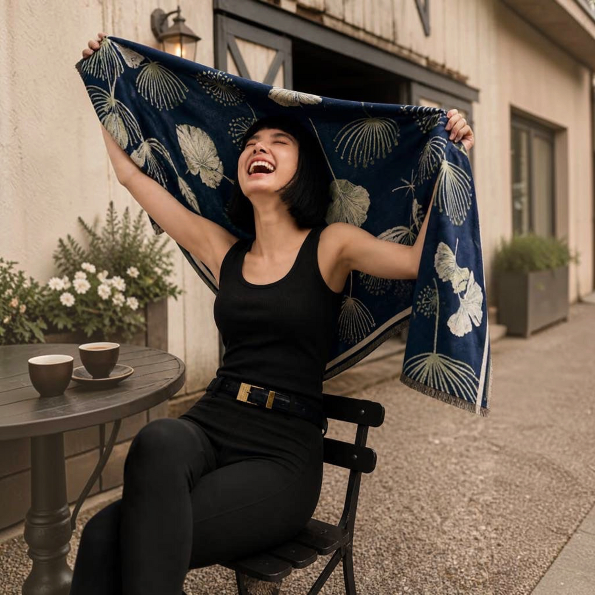 [Winding River - Navy / Cream Falling Ginkgo Reversible Wrap], [Scarf], [Winding River], [Plum Bottom].