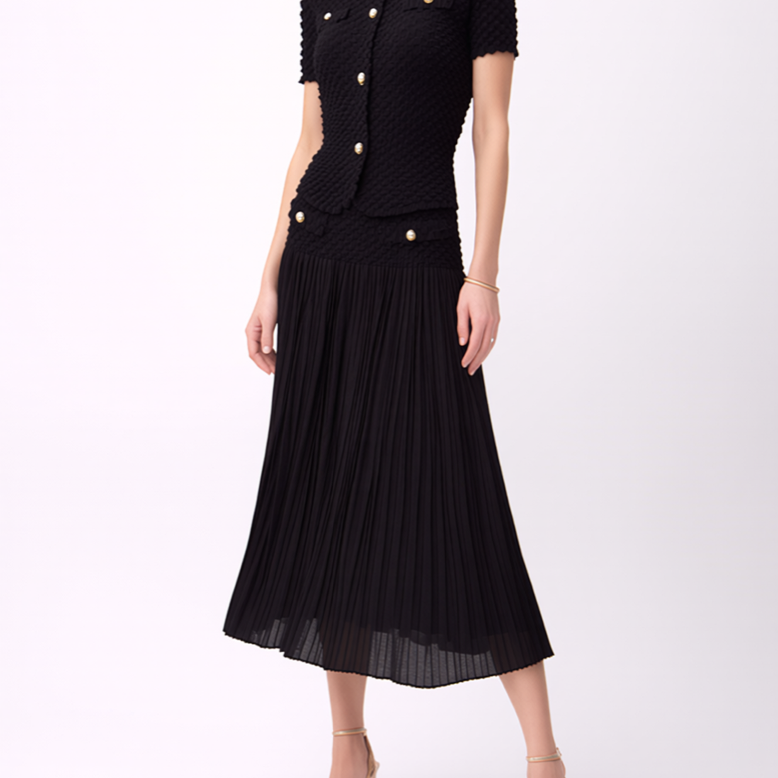[Ellyndale - Pleated Chanel look mock pockets skirt ( Black ): Black / O/S], [Skirts], [Ellyndale], [Plum Bottom].