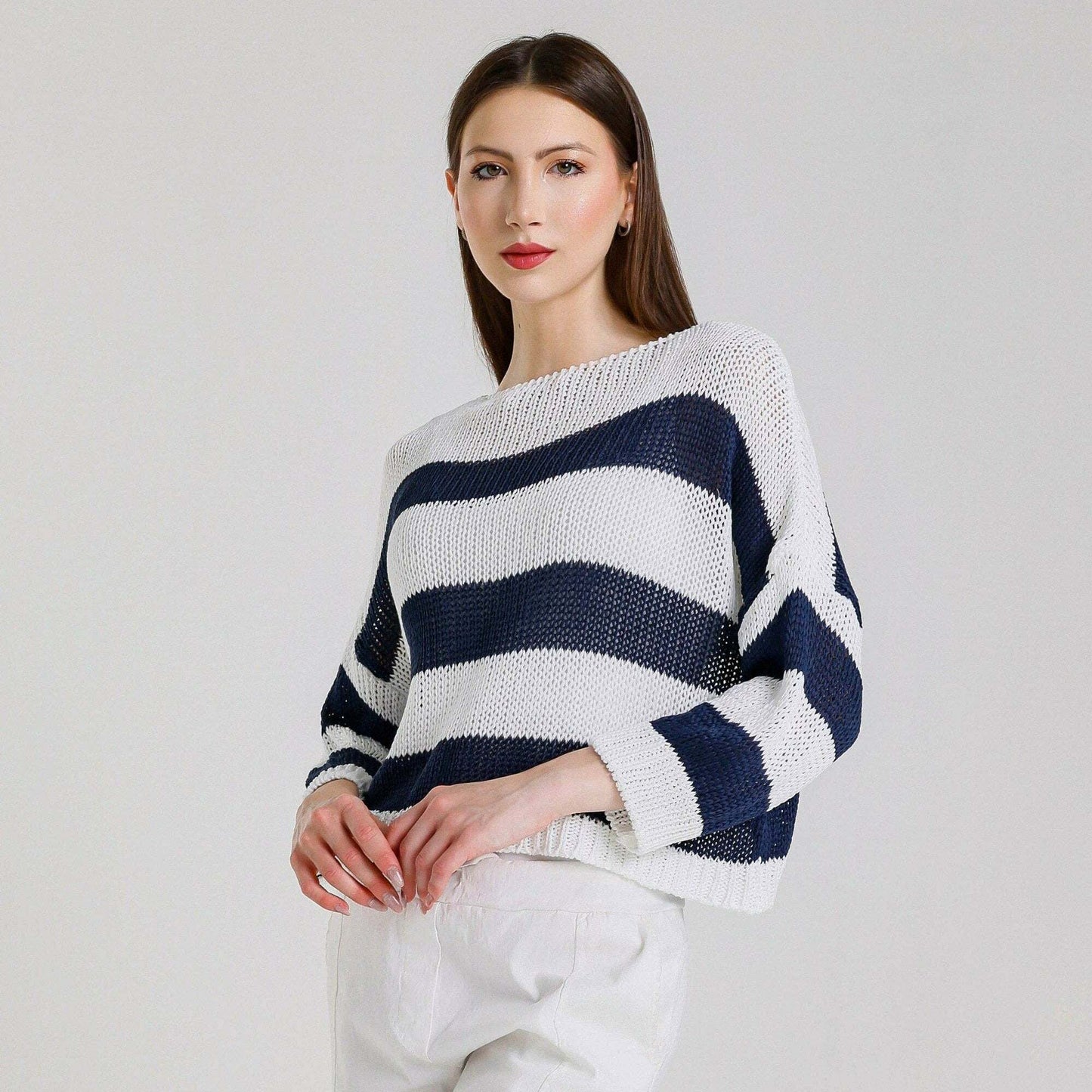 [TINA Stephens Italy/Tees By Tina - Danisha Striped Sweater (BLS919): 100N White w/ Navy Stripe / One Size], [CLOTHING], [TINA Stephens Italy/Tees By Tina], [Plum Bottom].