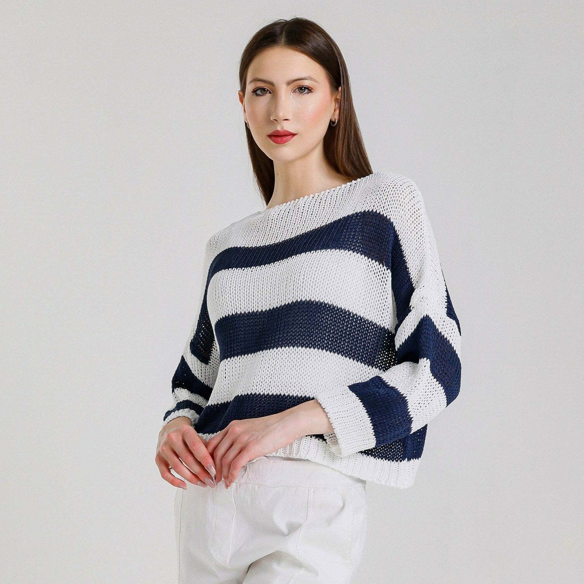 [TINA Stephens Italy/Tees By Tina - Danisha Striped Sweater (BLS919): 100N White w/ Navy Stripe / One Size], [CLOTHING], [TINA Stephens Italy/Tees By Tina], [Plum Bottom].