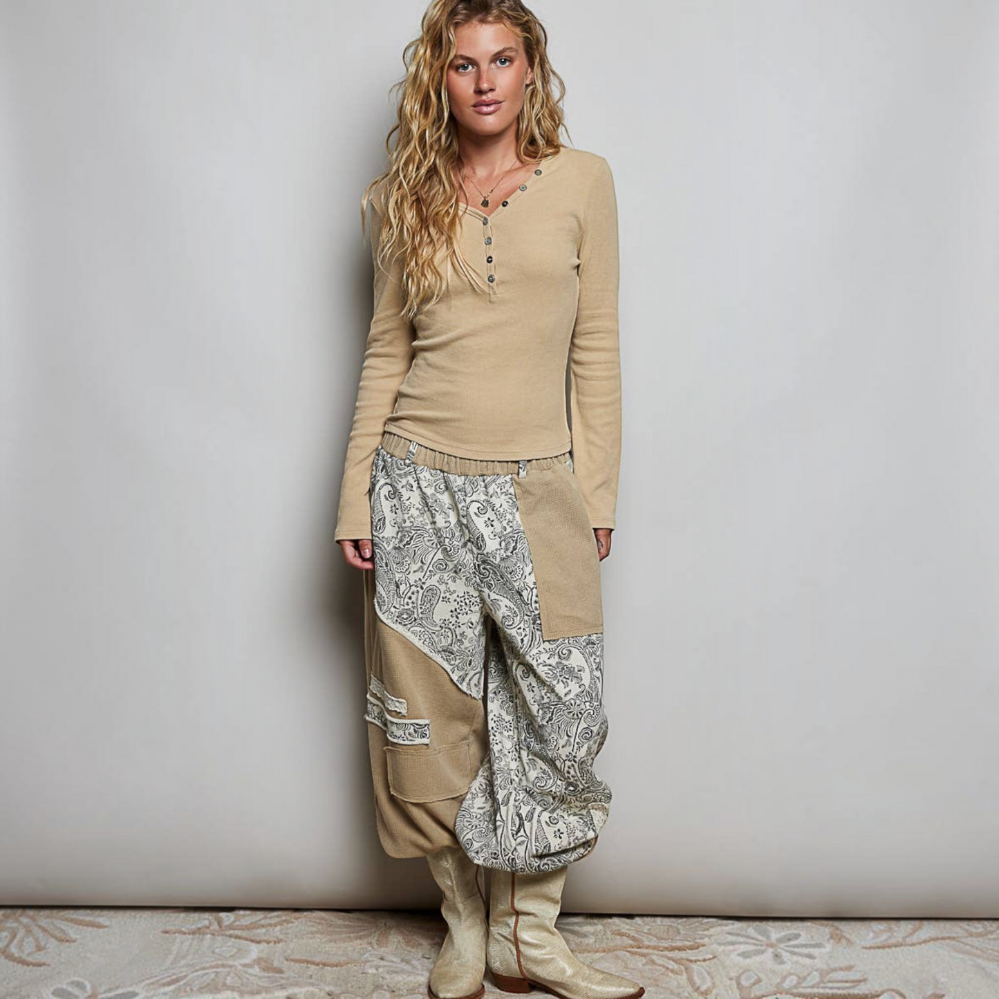 [Pol Clothing - Long Sleeve Novelty Button Wide V Neck Solid Knit Top: LATTE / L], [Tops], [Pol Clothing], [Plum Bottom].