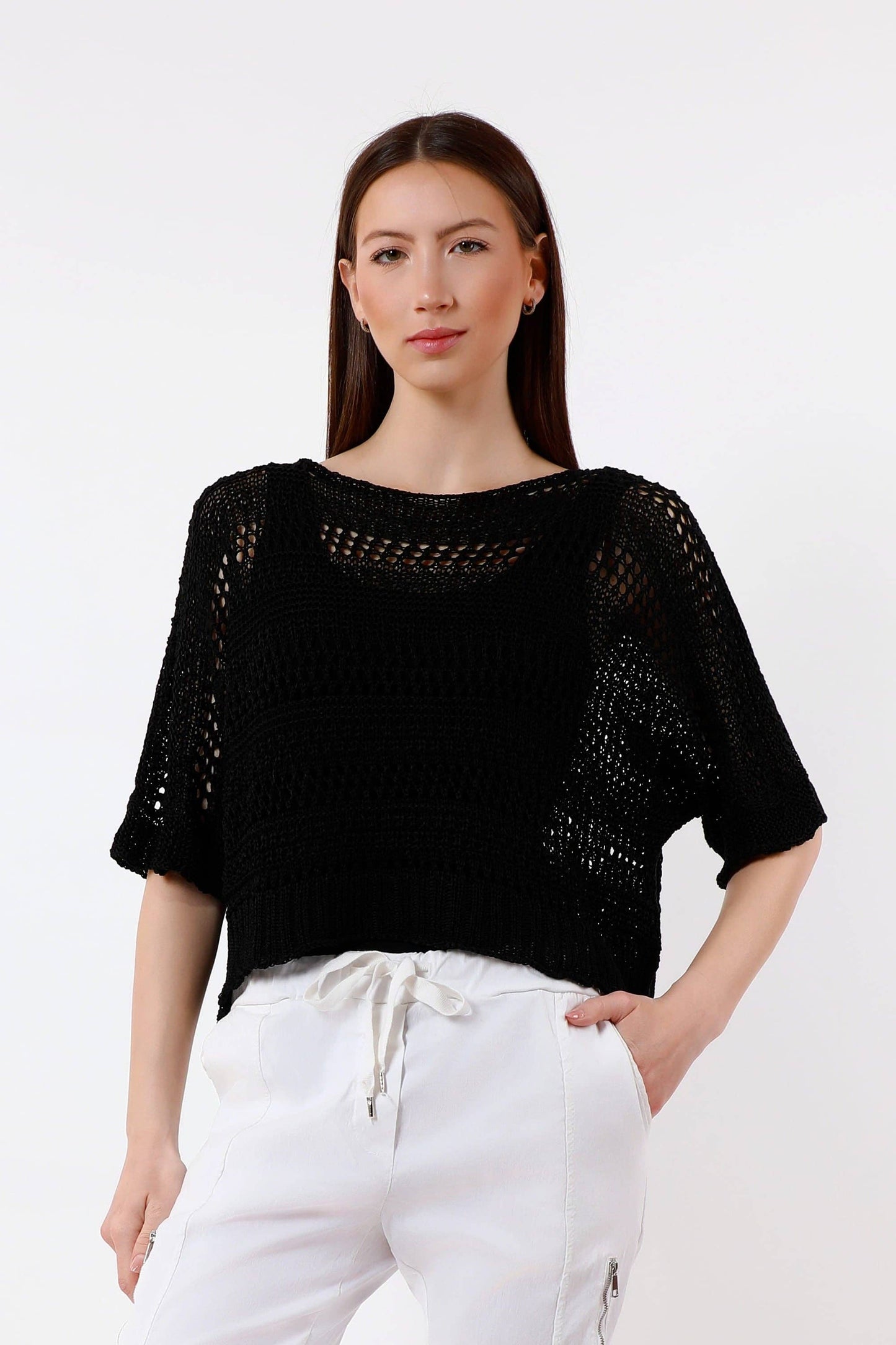 [TINA Stephens Italy/Tees By Tina - Divya Short Sleeve Cropped Open Knit Topper (BQ916): 409 Navy / One Size], [Tops], [TINA Stephens Italy/Tees By Tina], [Plum Bottom].