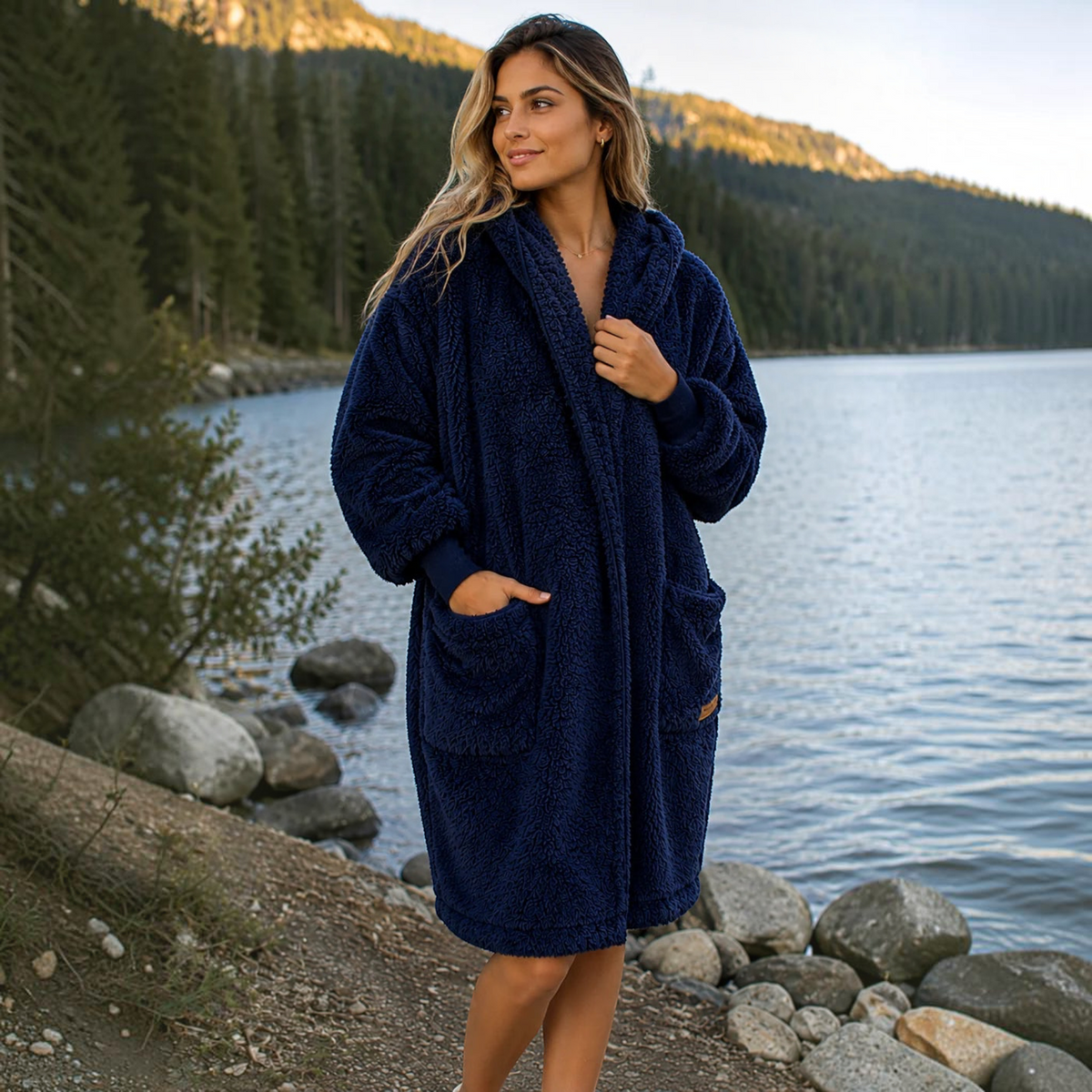 Plum Bottom NORDIC BEACH long navy blue sherpa fleece body wrap with a hood and front pockets worn by a woman