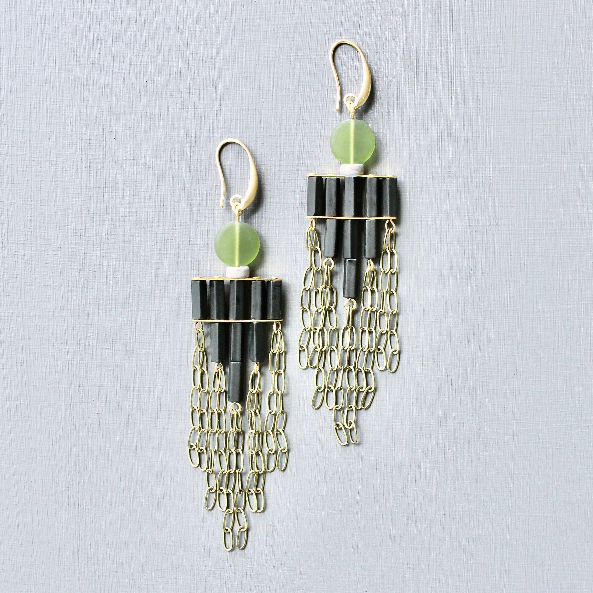 [David Aubrey Jewelry - JLTE72 olivine and black shoulder duster earrings], [Earrings], [David Aubrey Jewelry], [Plum Bottom].