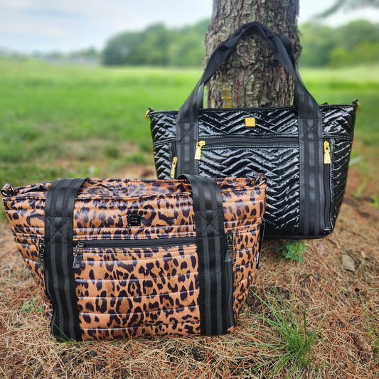THINK ROYLN Jr. Jetset Wingman Leopard & Black Patent Quilted Tote