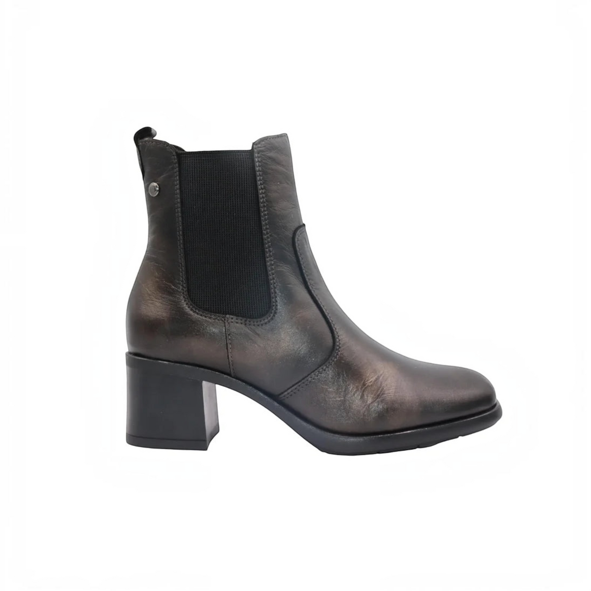 Plum Bottom Eric Michael Betsy black leather Chelsea boot with a comfortable block heel and pull-on side panels.