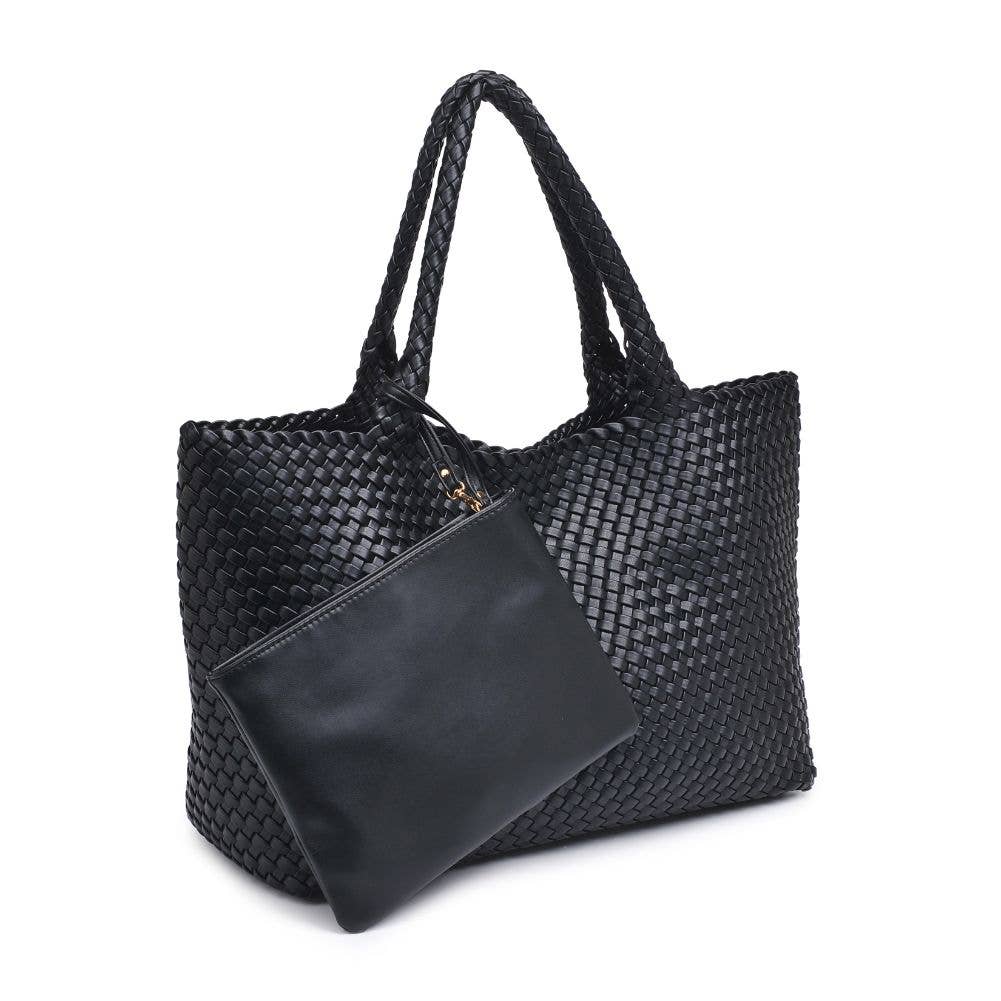 [Moda Luxe - Solana Woven Vegan Leather Tote: Black], [Handbag], [Moda Luxe], [Plum Bottom].
