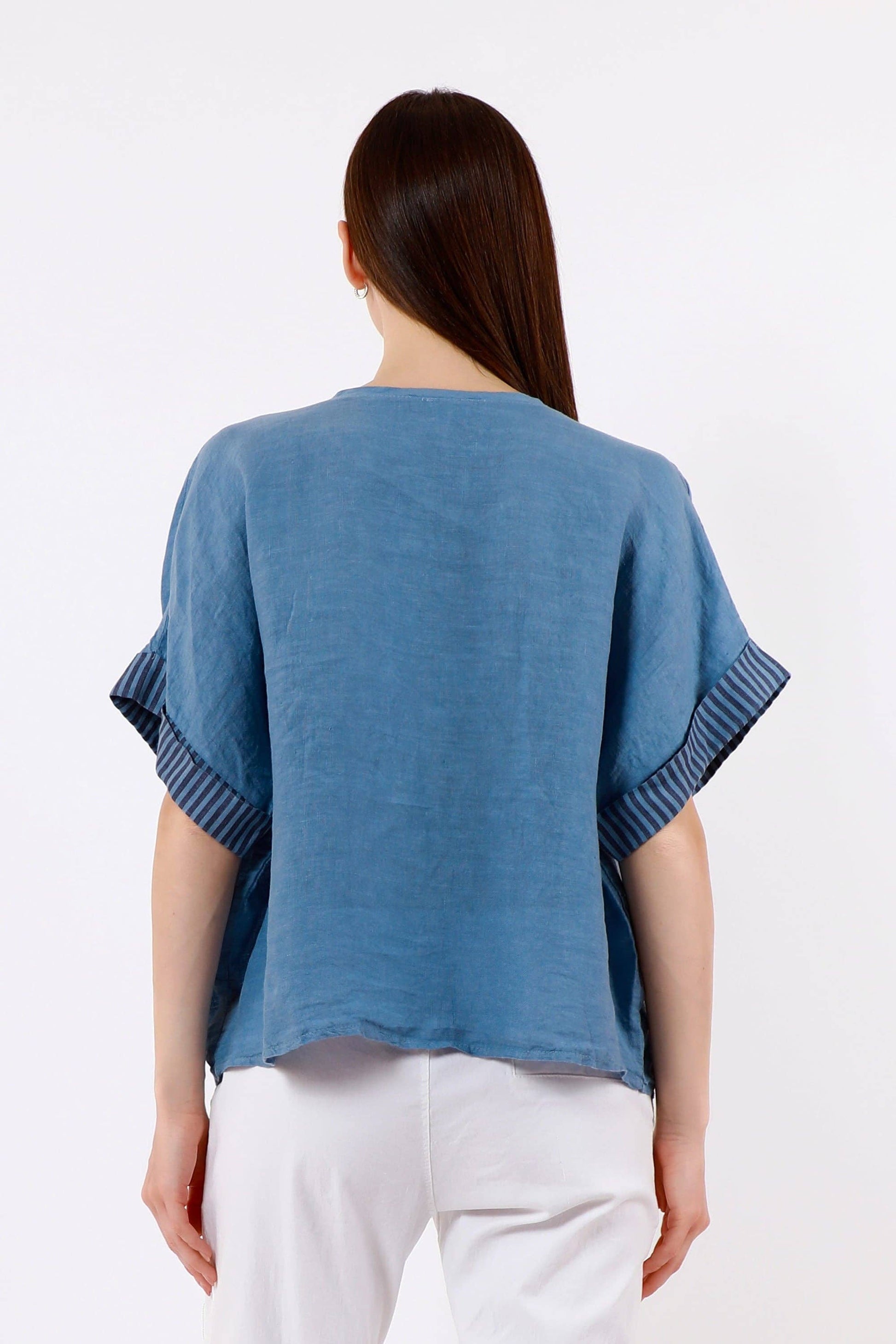 [TINA Stephens Italy/Tees By Tina - Brie Stripe Trim Short Sleeve Linen Top (BSS936PR): 286 Cashmere / One Size], [Tops], [TINA Stephens Italy/Tees By Tina], [Plum Bottom].