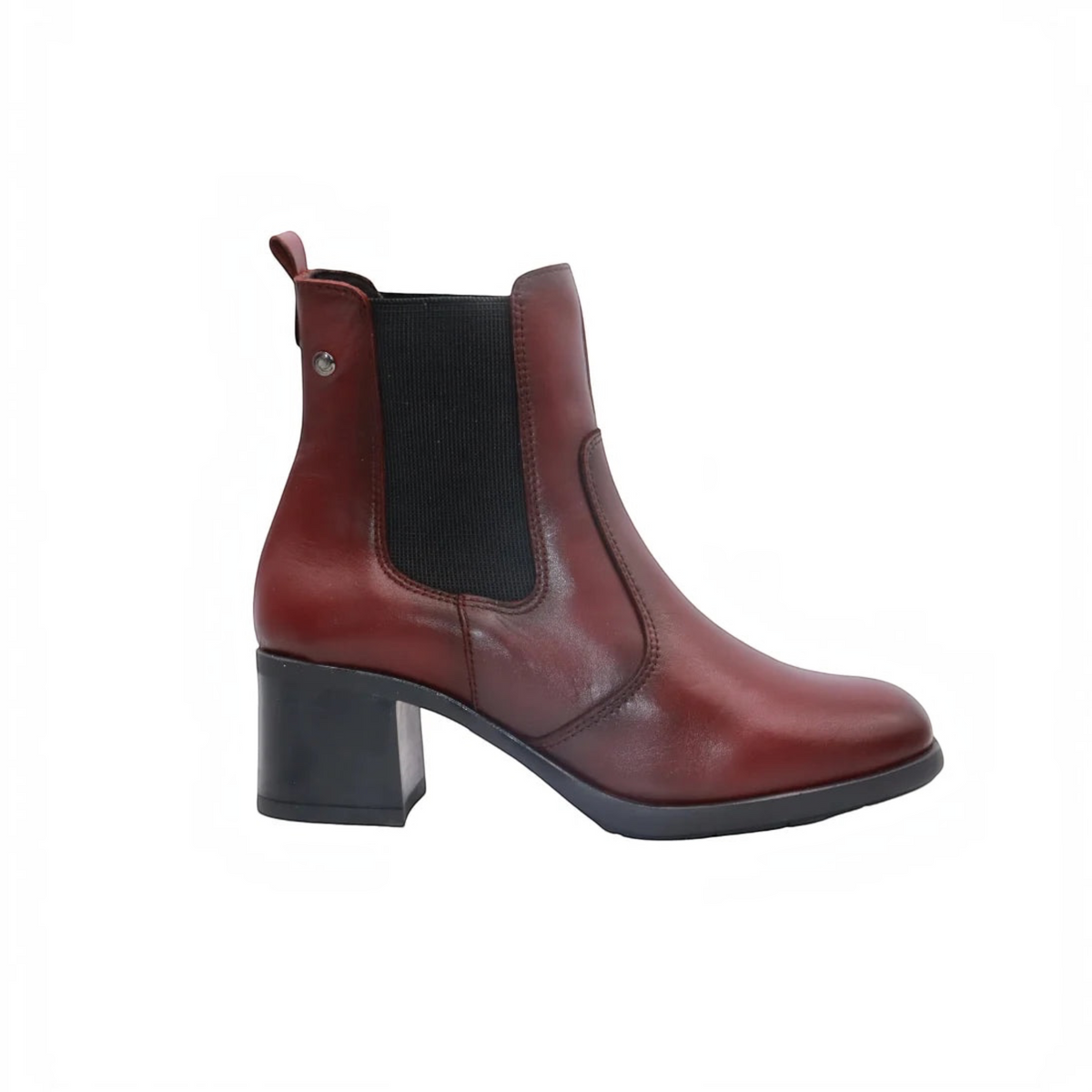 Plum Bottom Eric Michael Betsy burgundy leather Chelsea boot with a comfortable block heel and pull-on side panels.