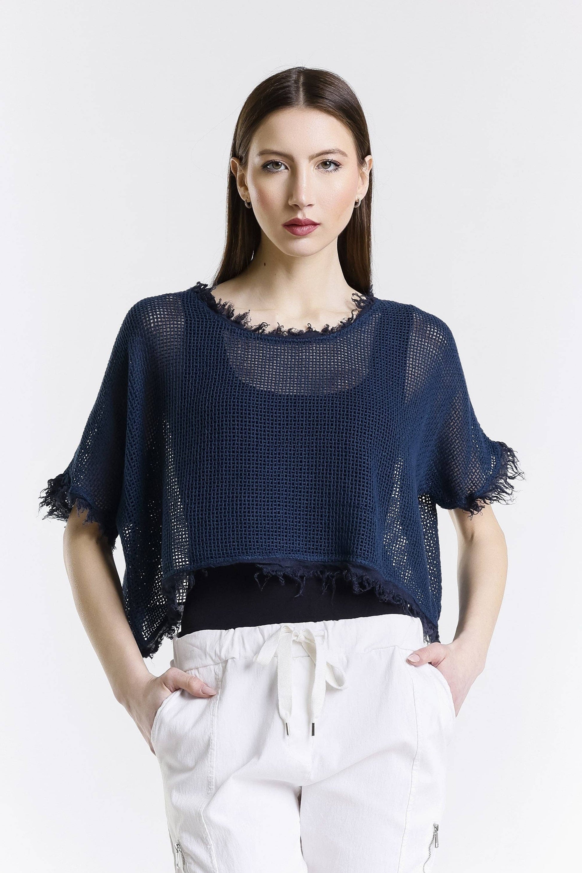 [TINA Stephens Italy/Tees By Tina - Yvonne Short Sleeve Linen Fringe Top (BSS905): 409 Navy / One Size], [CLOTHING], [TINA Stephens Italy/Tees By Tina], [Plum Bottom].