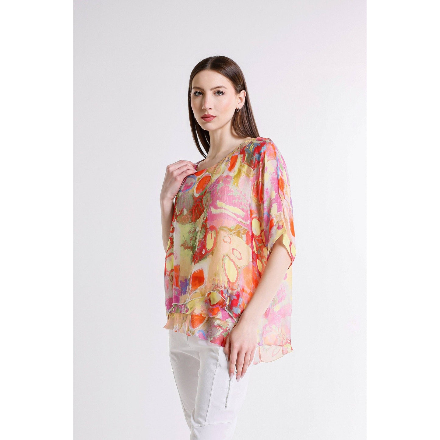 [TINA Stephens Italy/Tees By Tina - Adriana Splatter 3/4 Slv Silk Double Raw Edge Top (BQ209P): 725 Daffodil / One Size], [CLOTHING], [TINA Stephens Italy/Tees By Tina], [Plum Bottom].