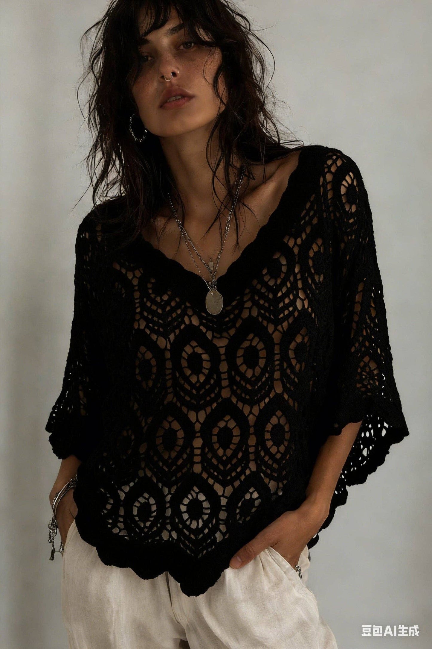 [LOOWIE - LUGVS Geo V-Neck Crochet Sweater Cotton One Size S/M: Ecru], [Sweater], [LOOWIE], [Plum Bottom].