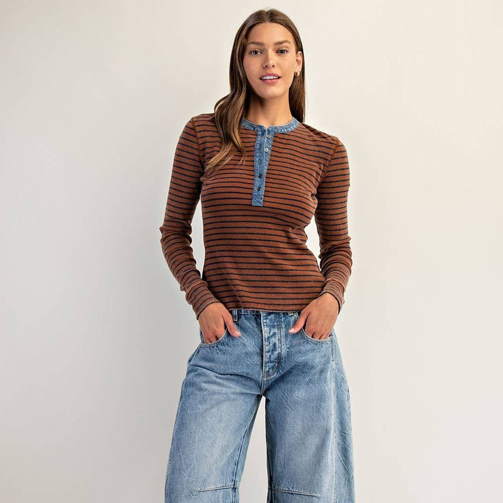[PEACE LOVE LINE Snow Wash Two Tone Button Down top], [Shirts], [Peace Love Line], [Plum Bottom].