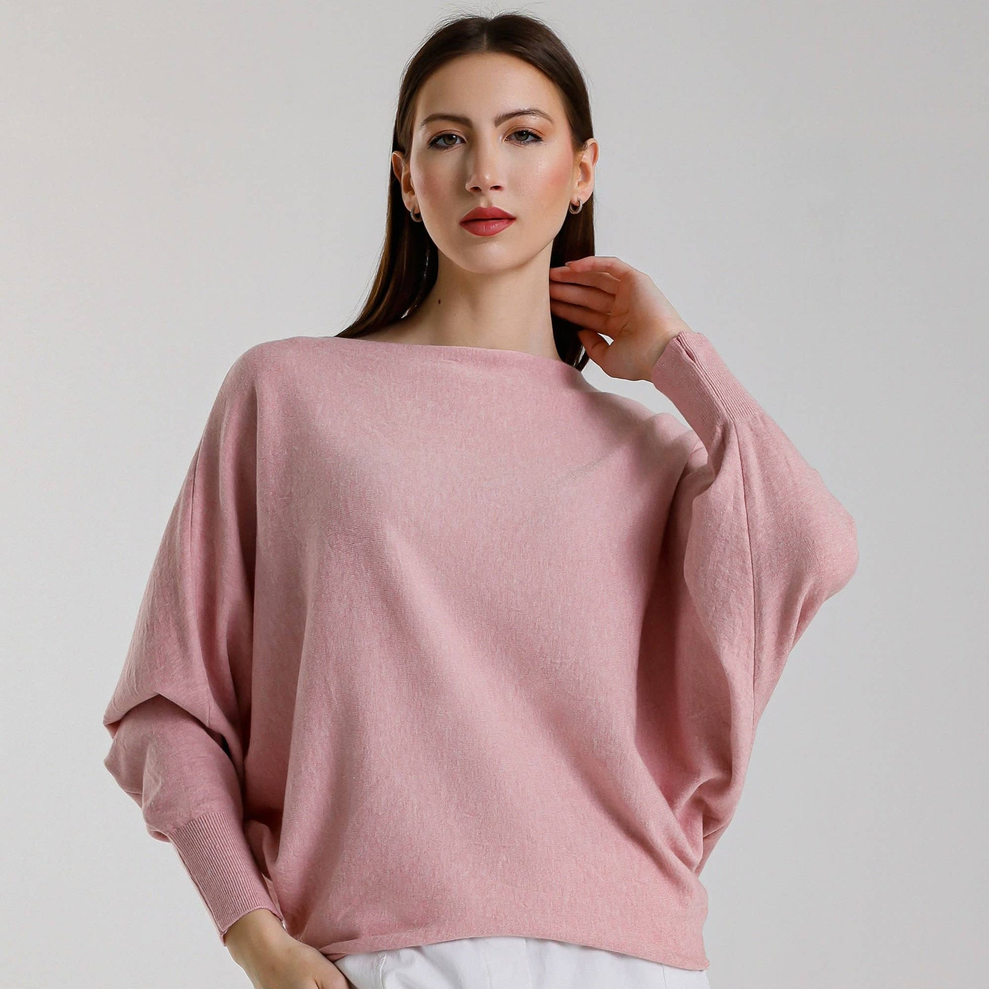 [TINA Stephens Italy/Tees By Tina - Mylah Seriously Soft Batwing Sweater (BLS413): 665 Pink Melange / One Size], [Sweater], [TINA Stephens Italy/Tees By Tina], [Plum Bottom].