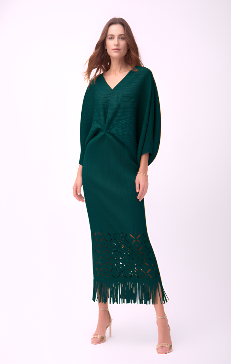 [Ellyndale - Ellyndale Pleated Cutout Dress with Fringe - Dark Green: Dark Green / O/S], [Dresses], [Ellyndale], [Plum Bottom].