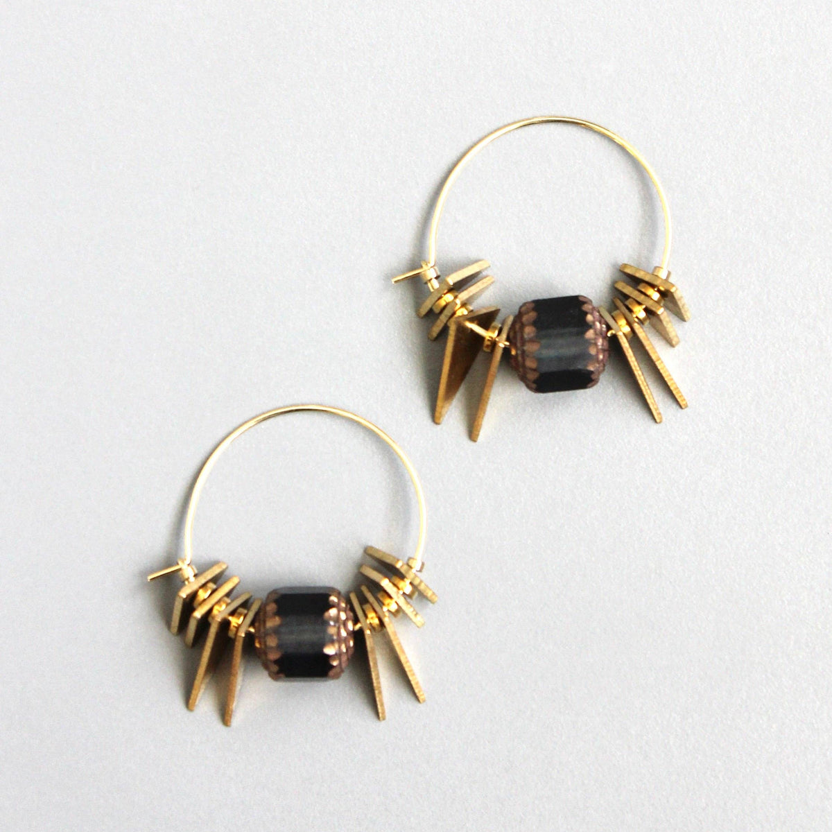 [David Aubrey Jewelry - NDNE03 Vintage Montana blue glass and brass triangle hoop earrings], [Earrings], [David Aubrey Jewelry], [Plum Bottom].