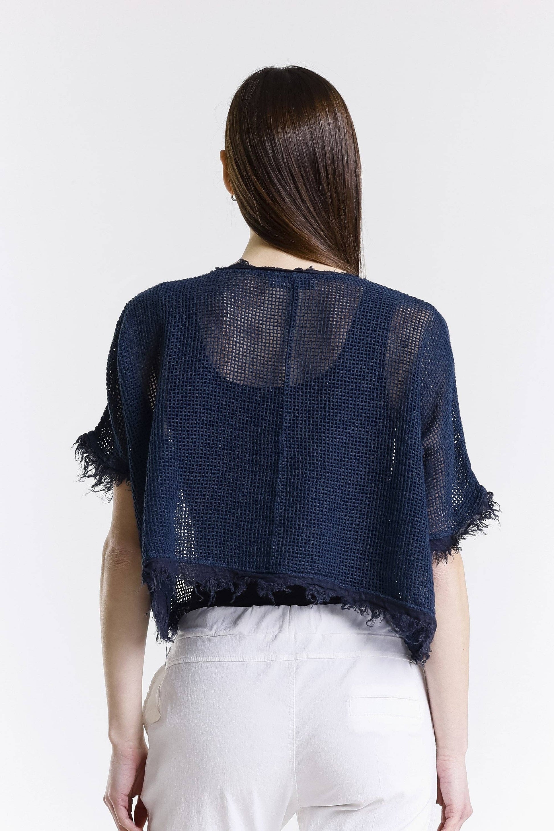 [TINA Stephens Italy/Tees By Tina - Yvonne Short Sleeve Linen Fringe Top (BSS905): 409 Navy / One Size], [CLOTHING], [TINA Stephens Italy/Tees By Tina], [Plum Bottom].