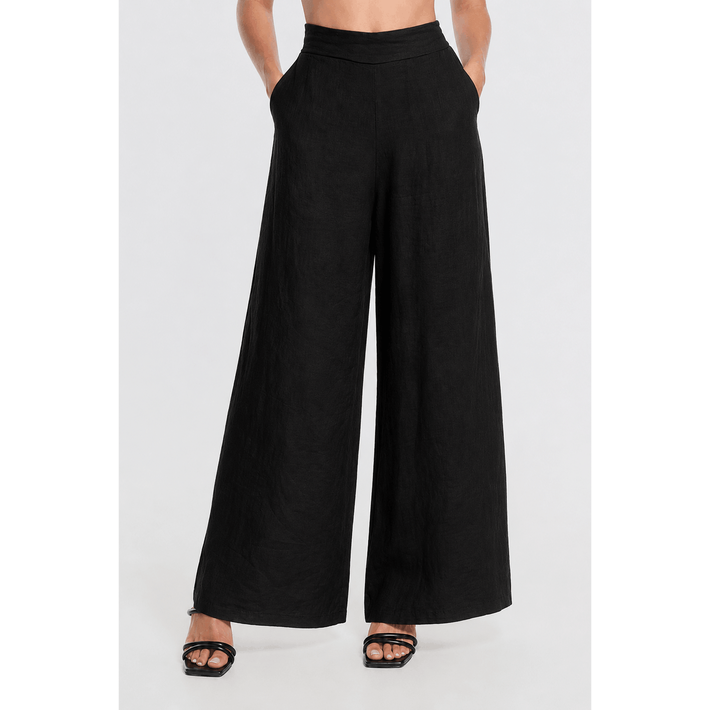 [TINA Stephens Italy/Tees By Tina - Graciela Flat Front Linen Palazzo Pant (PL909): 001 Black], [CLOTHING], [TINA Stephens Italy/Tees By Tina], [Plum Bottom].