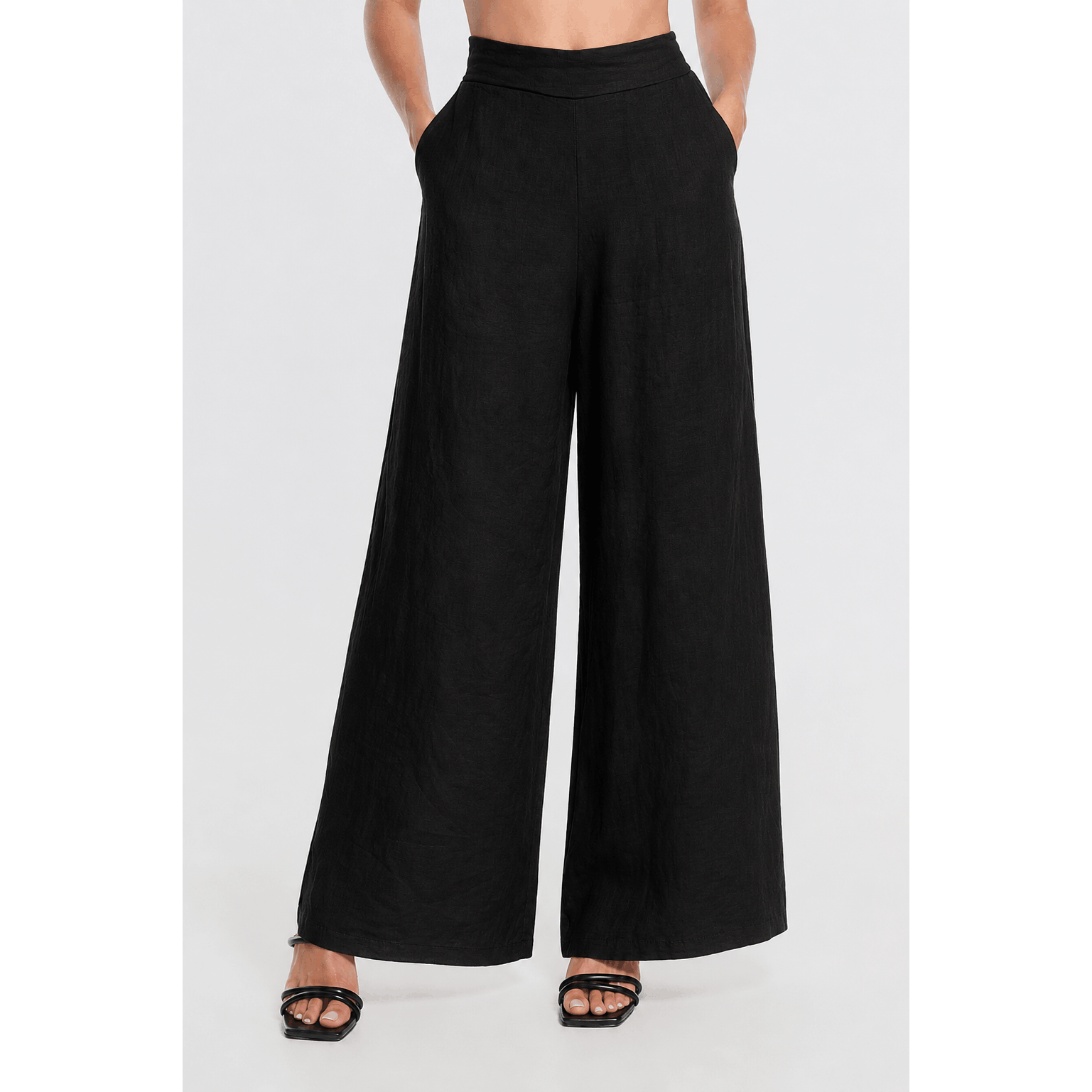 [TINA Stephens Italy/Tees By Tina - Graciela Flat Front Linen Palazzo Pant (PL909): 001 Black], [CLOTHING], [TINA Stephens Italy/Tees By Tina], [Plum Bottom].