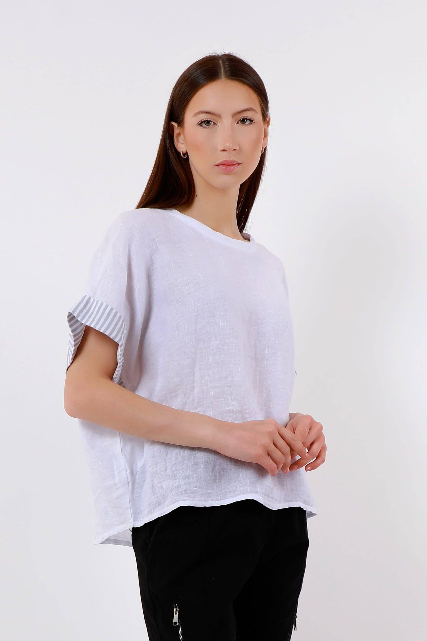 [TINA Stephens Italy/Tees By Tina - Brie Stripe Trim Short Sleeve Linen Top (BSS936PR): 286 Cashmere / One Size], [Tops], [TINA Stephens Italy/Tees By Tina], [Plum Bottom].