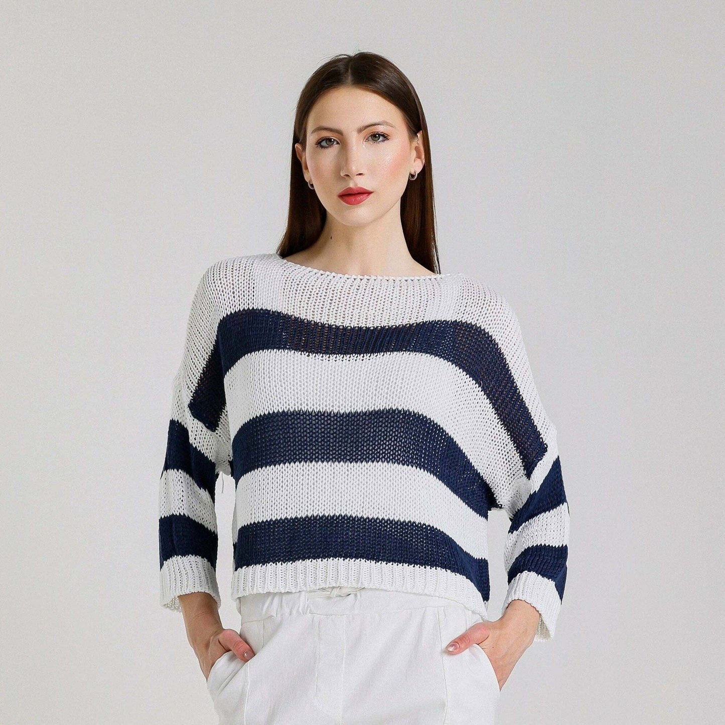 [TINA Stephens Italy/Tees By Tina - Danisha Striped Sweater (BLS919): 100N White w/ Navy Stripe / One Size], [CLOTHING], [TINA Stephens Italy/Tees By Tina], [Plum Bottom].