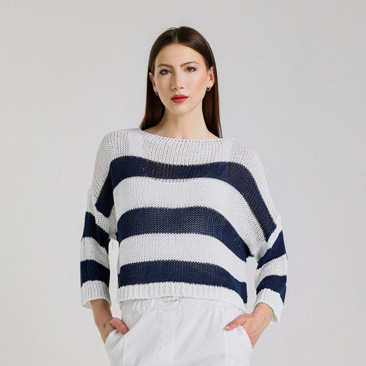 [TINA Stephens Italy/Tees By Tina - Danisha Striped Sweater (BLS919): 100N White w/ Navy Stripe / One Size], [CLOTHING], [TINA Stephens Italy/Tees By Tina], [Plum Bottom].