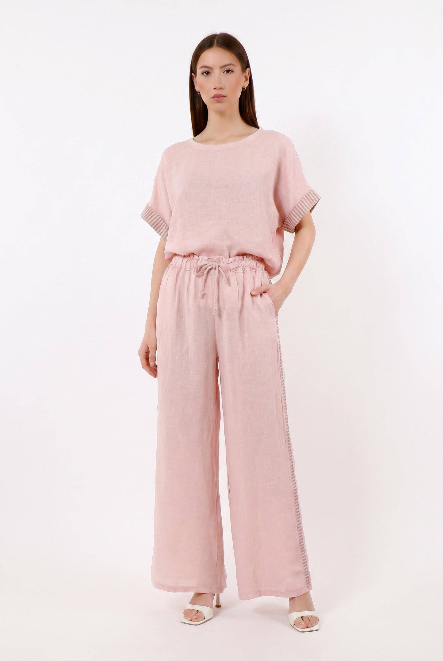 [TINA Stephens Italy/Tees By Tina - Brie Stripe Trim Short Sleeve Linen Top (BSS936PR): 286 Cashmere / One Size], [Tops], [TINA Stephens Italy/Tees By Tina], [Plum Bottom].
