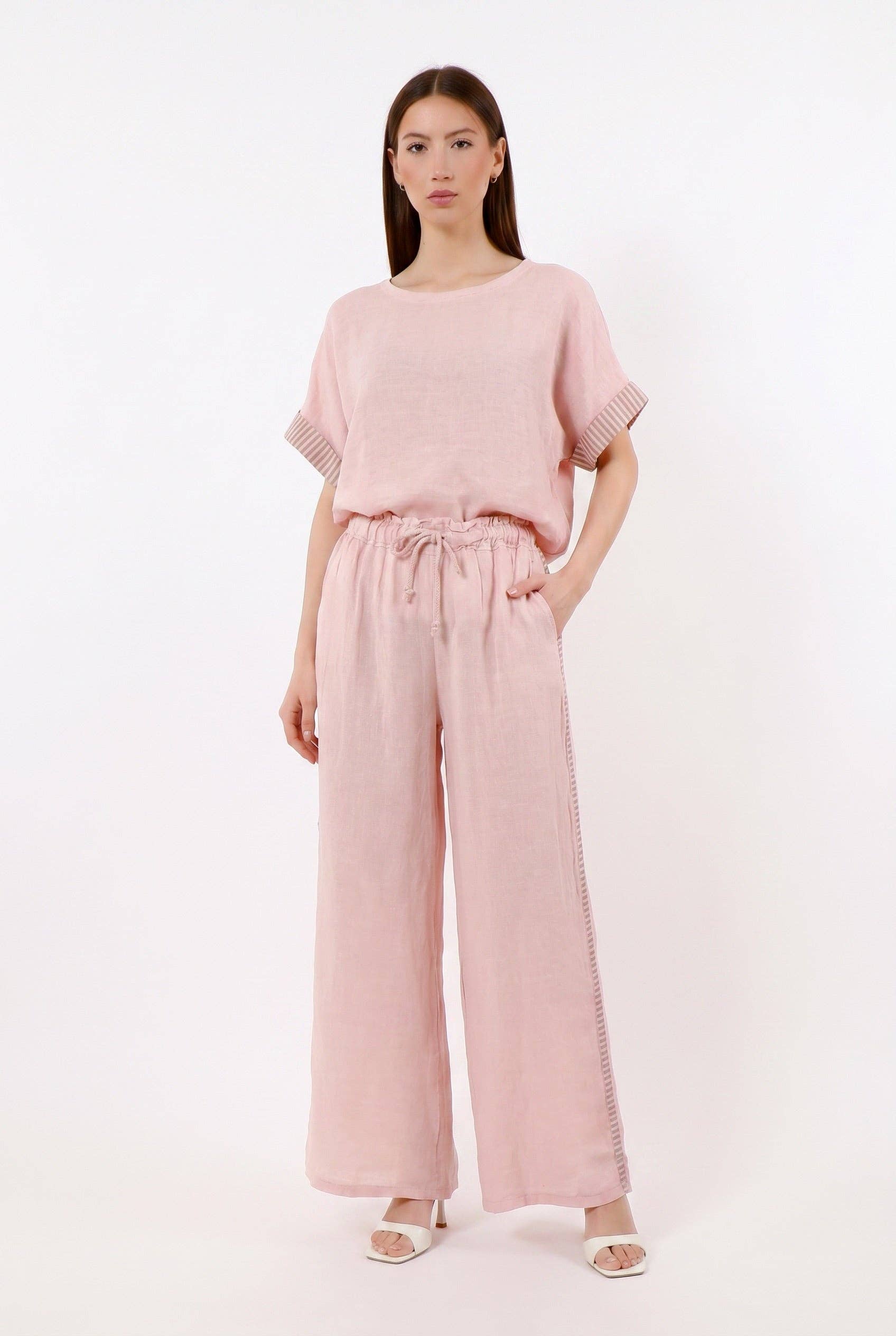 [TINA Stephens Italy/Tees By Tina - Brie Stripe Trim Short Sleeve Linen Top (BSS936PR): 286 Cashmere / One Size], [Tops], [TINA Stephens Italy/Tees By Tina], [Plum Bottom].