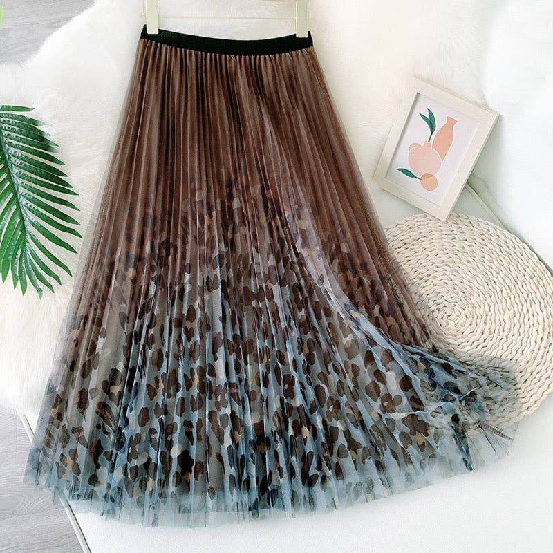 [Ellyndale - Fairy pleating mesh Skirt with Leopard print hem (Brown): Brown / O/S], [Skirts], [Ellyndale], [Plum Bottom].