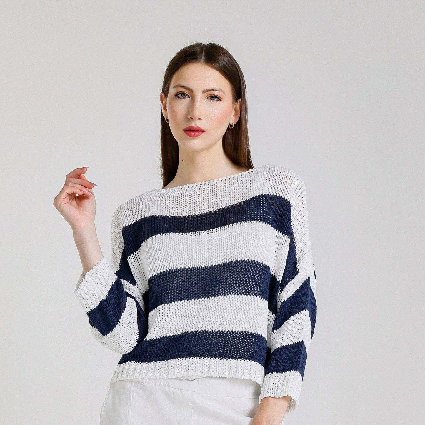 [TINA Stephens Italy/Tees By Tina - Danisha Striped Sweater (BLS919): 100N White w/ Navy Stripe / One Size], [CLOTHING], [TINA Stephens Italy/Tees By Tina], [Plum Bottom].