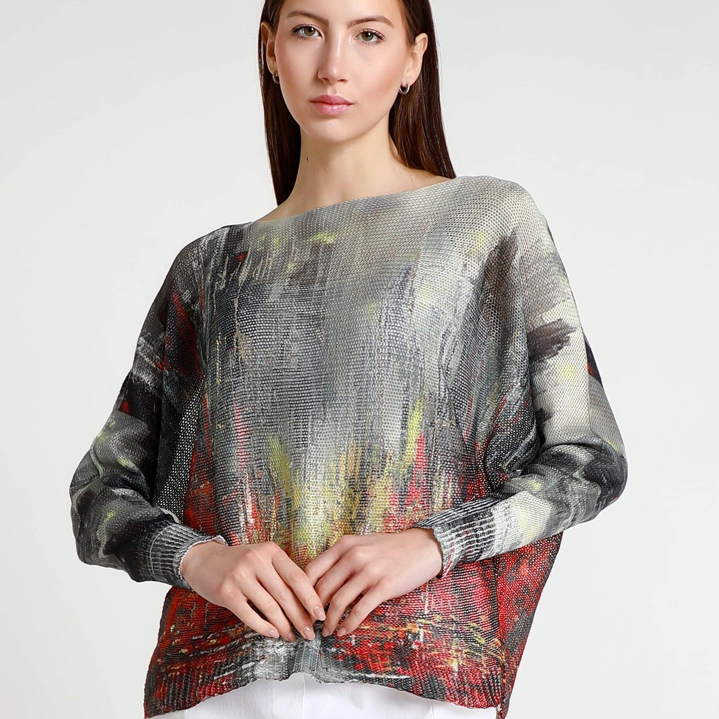 [TINA Stephens Italy/Tees By Tina - Abstract Danielle Batwing Open Knit Sweater (BLS424CT): 623 Red Multi / One Size], [Sweater], [TINA Stephens Italy/Tees By Tina], [Plum Bottom].