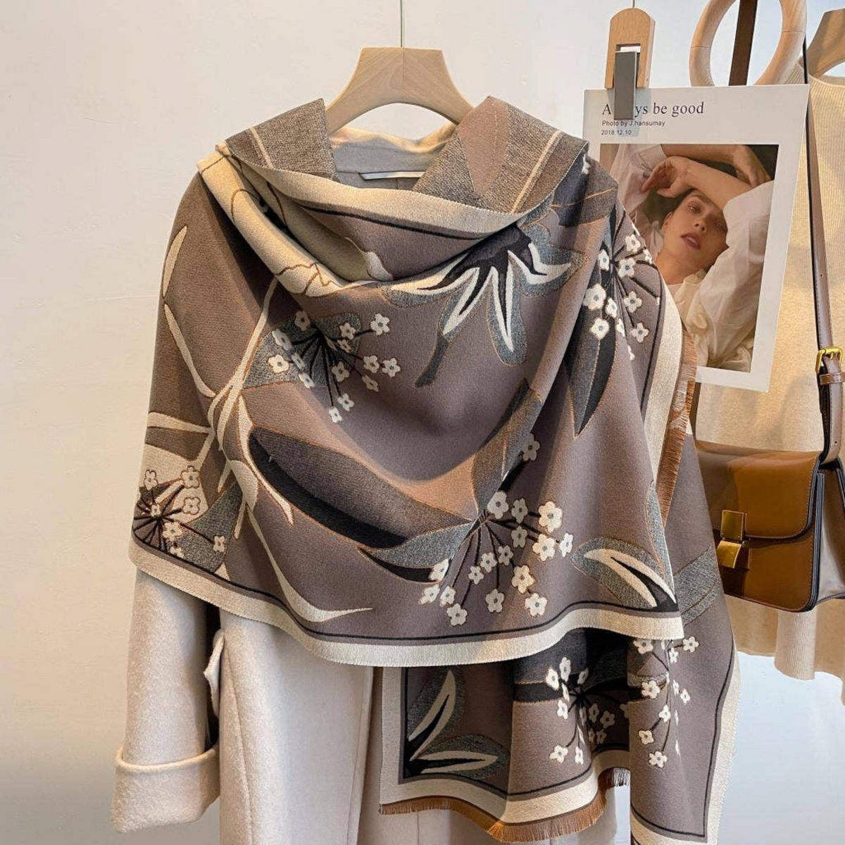 [Winding River - Gray / Black Garden Reversible Wrap – Artisan Shawl], [Scarf], [Winding River], [Plum Bottom].