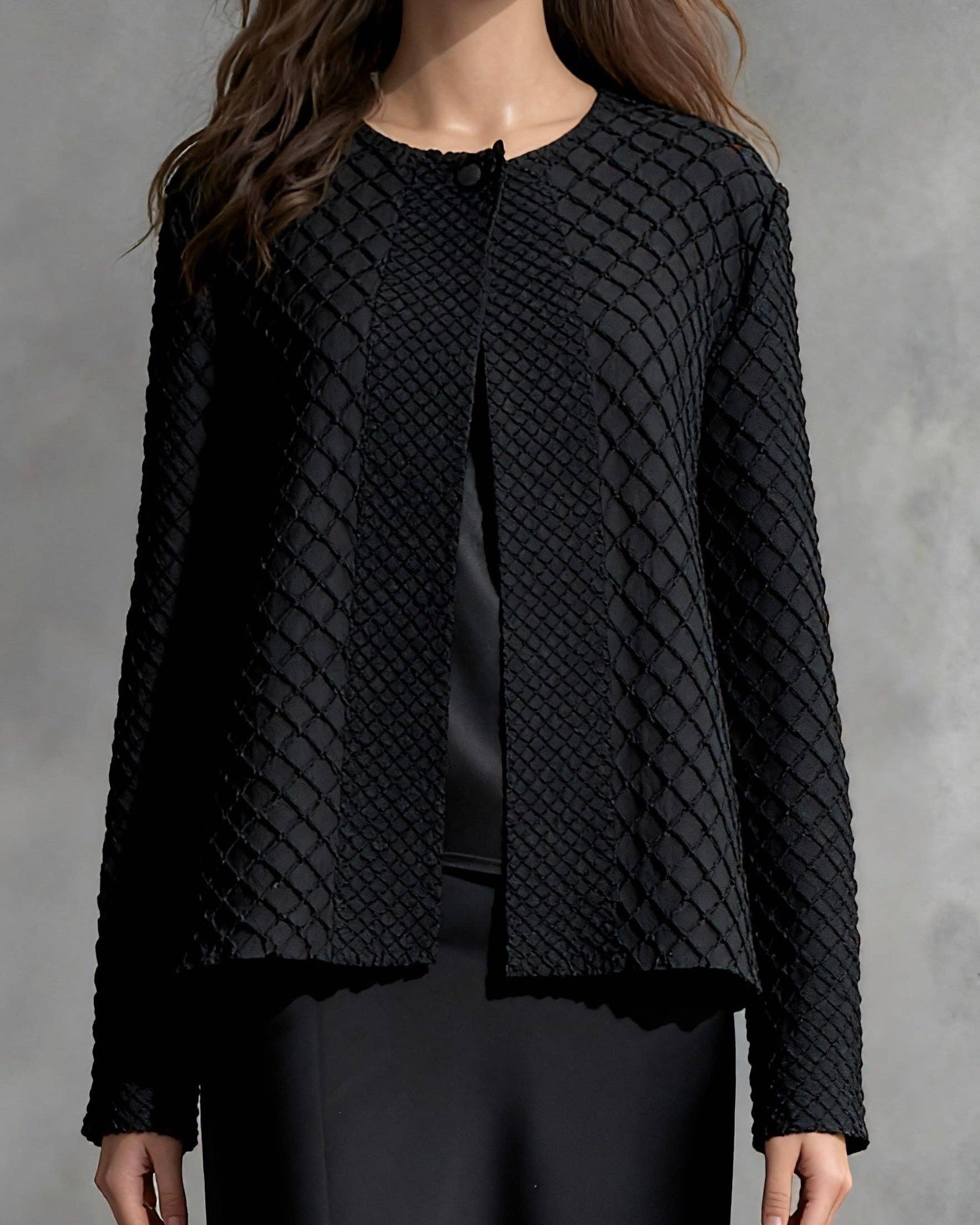 [Ellyndale - Pleating Jacket- Waffle Weave (Black): Black / O/S], [Jacket], [Ellyndale], [Plum Bottom].