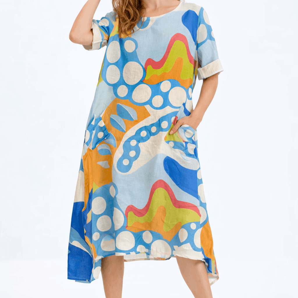 [TINA Stephens Italy/Tees By Tina - April Reef Pocket Dress (DSS165E): 427 Jeans / One Size], [CLOTHING], [TINA Stephens Italy/Tees By Tina], [Plum Bottom].