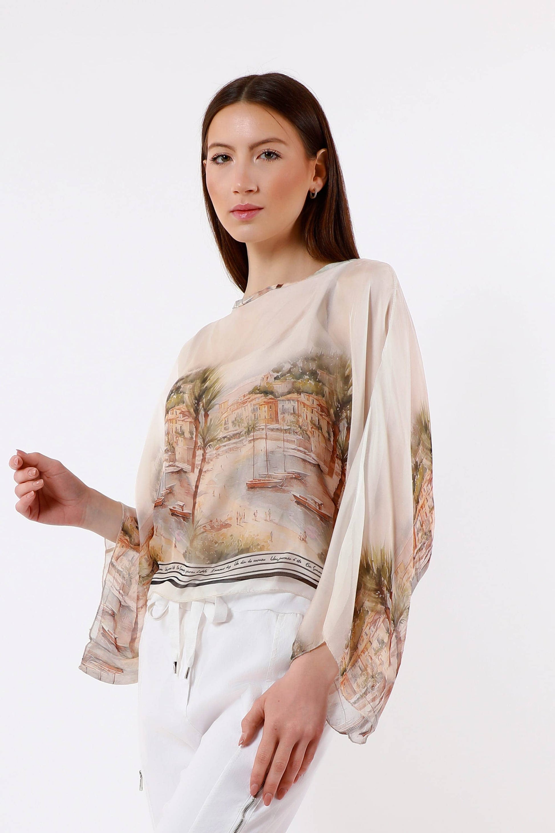 [TINA Stephens Italy/Tees By Tina - Sofita Positano Cropped Silk Kaftan (BQ200P): 250 Beige / One Size], [CLOTHING], [TINA Stephens Italy/Tees By Tina], [Plum Bottom].